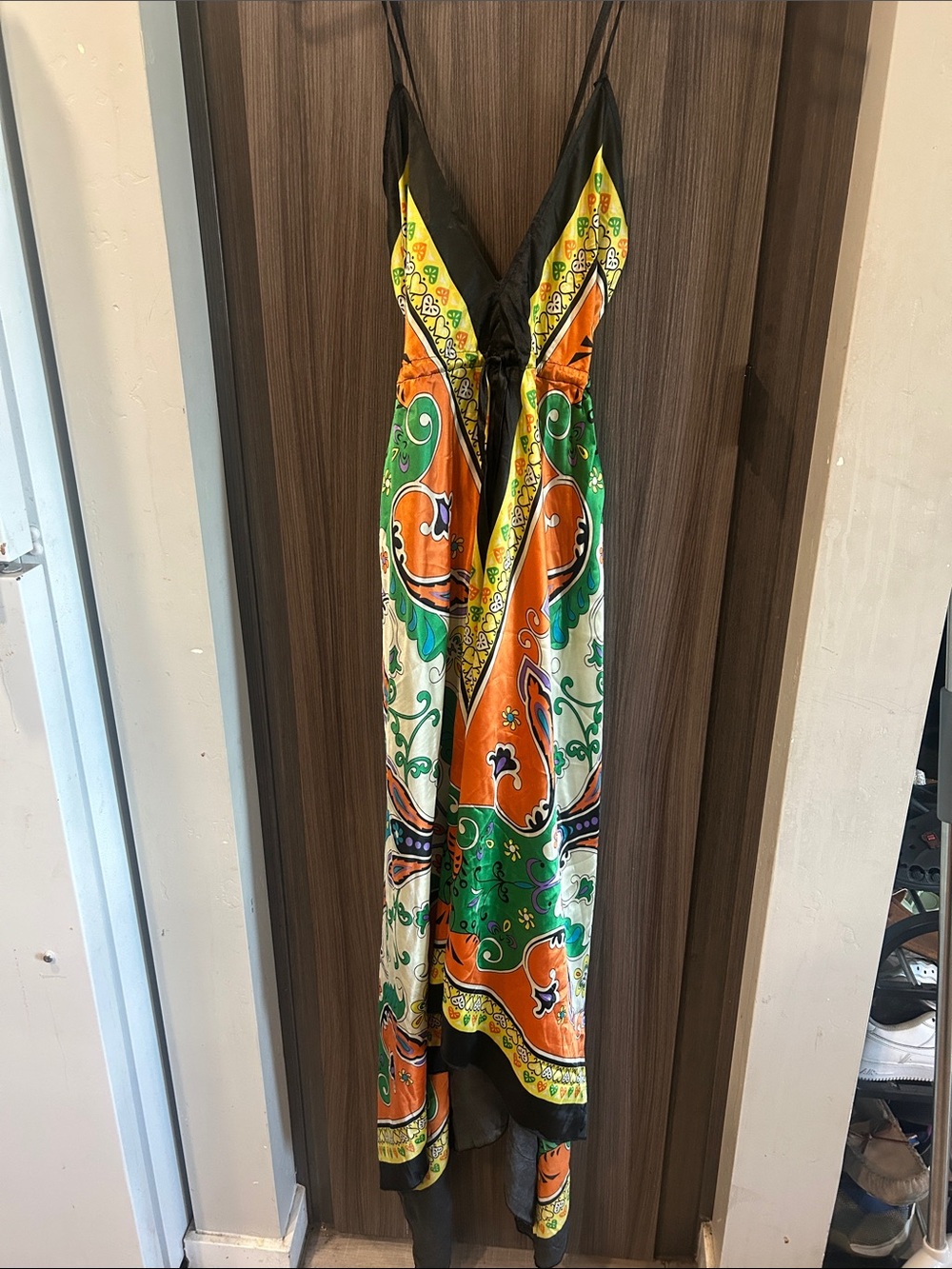 Vibrant Silk-Style Green & Orange Maxi Dress